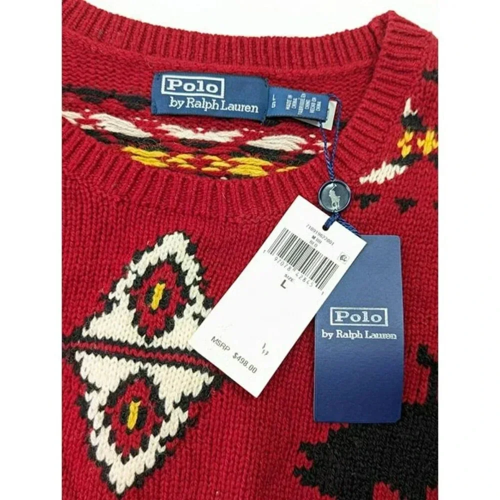 Polo Ralph Lauren Men's Red Western-Inspired Fair Isle Sweater Size L MSRP $498